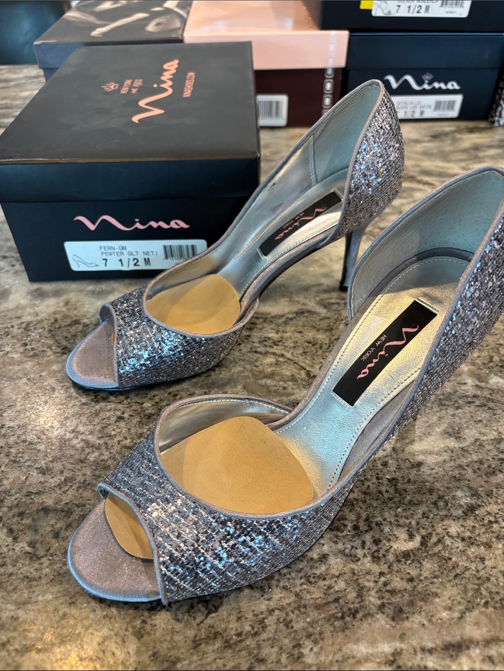 Nina Glitter Open-Toe High Heels in Silver